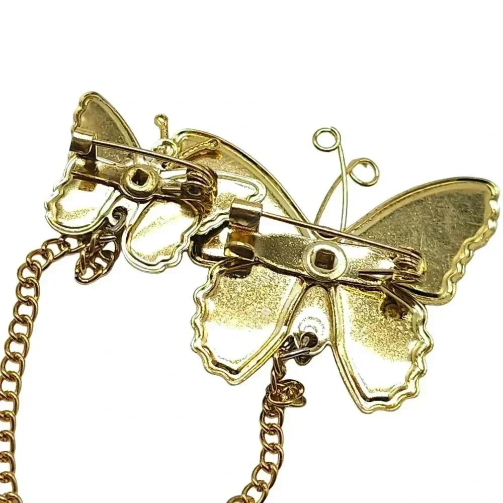Glitter Enamel Sparkle Butterfly Pair Chain Brooch Pin Gold Tone Vintage - Picture 4 of 5